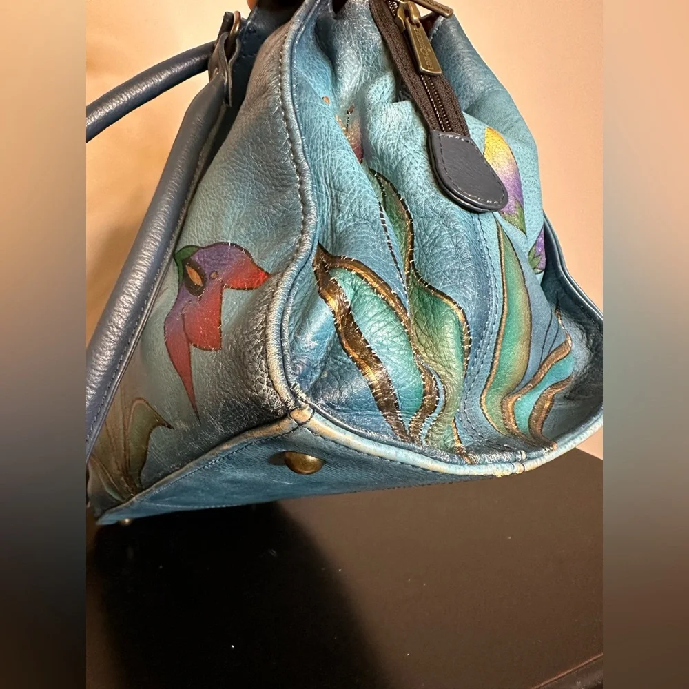 Anuschka Hand Painted Leather Teal Floral Tote Shoulder Handbag Purse - Picture 6 of 16